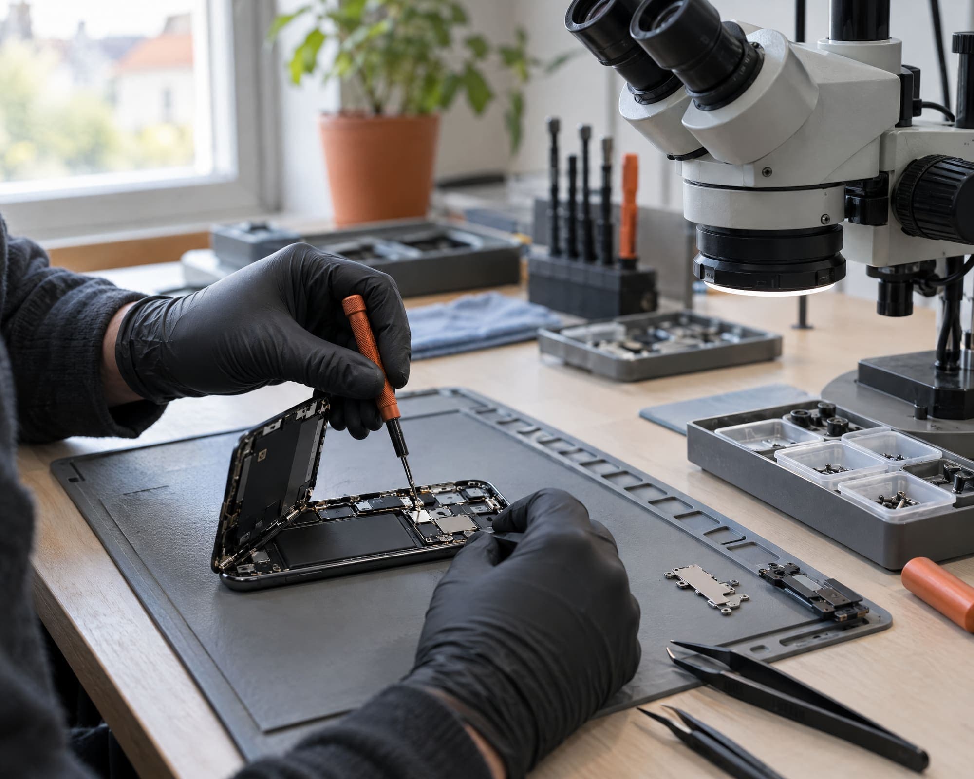 Technicien de l'atelier ouvrant un smartphone sur un tapis antistatique, à côté d'un microscope