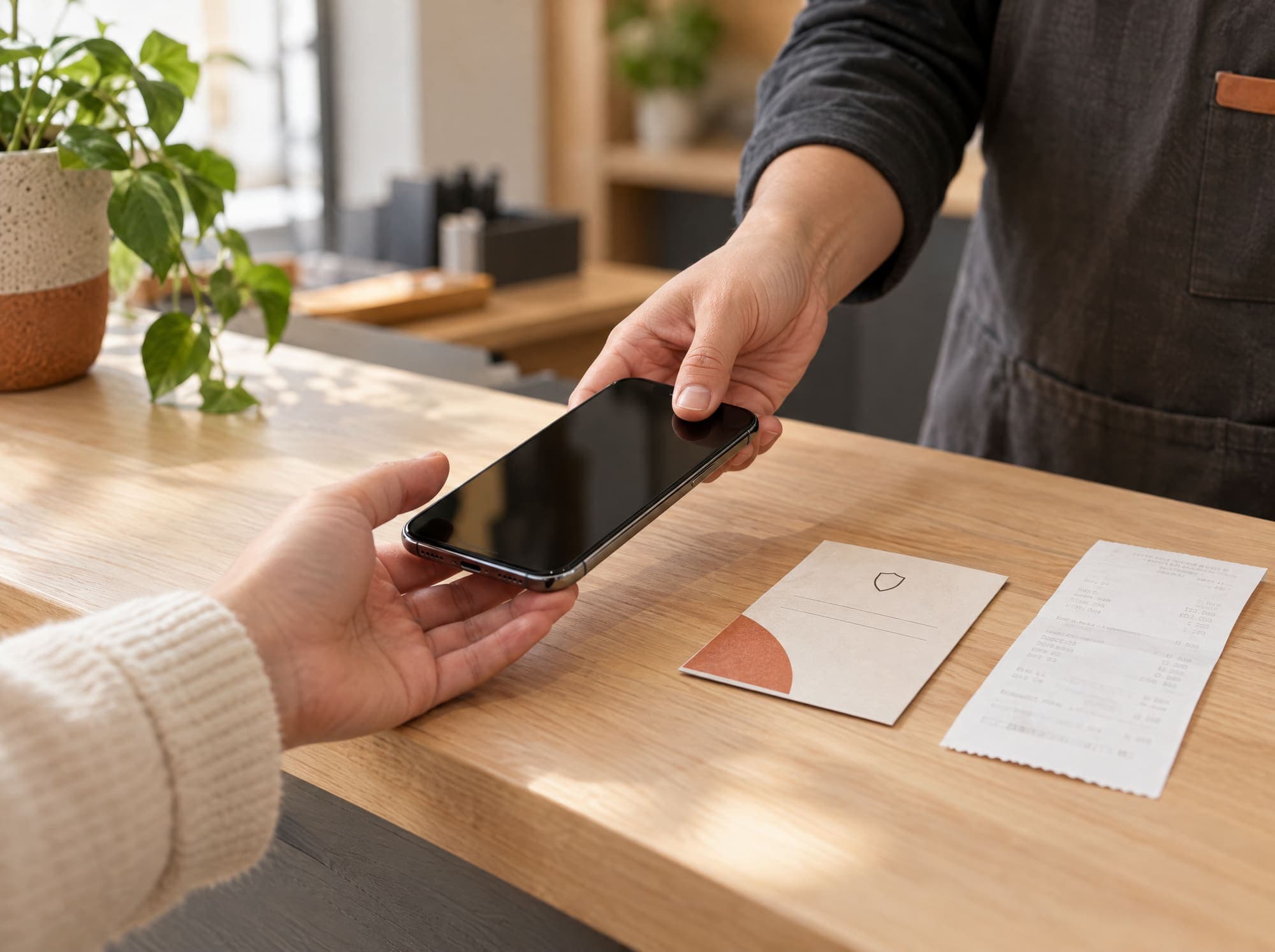 Remise d'un appareil réparé à son propriétaire, avec sa carte de garantie